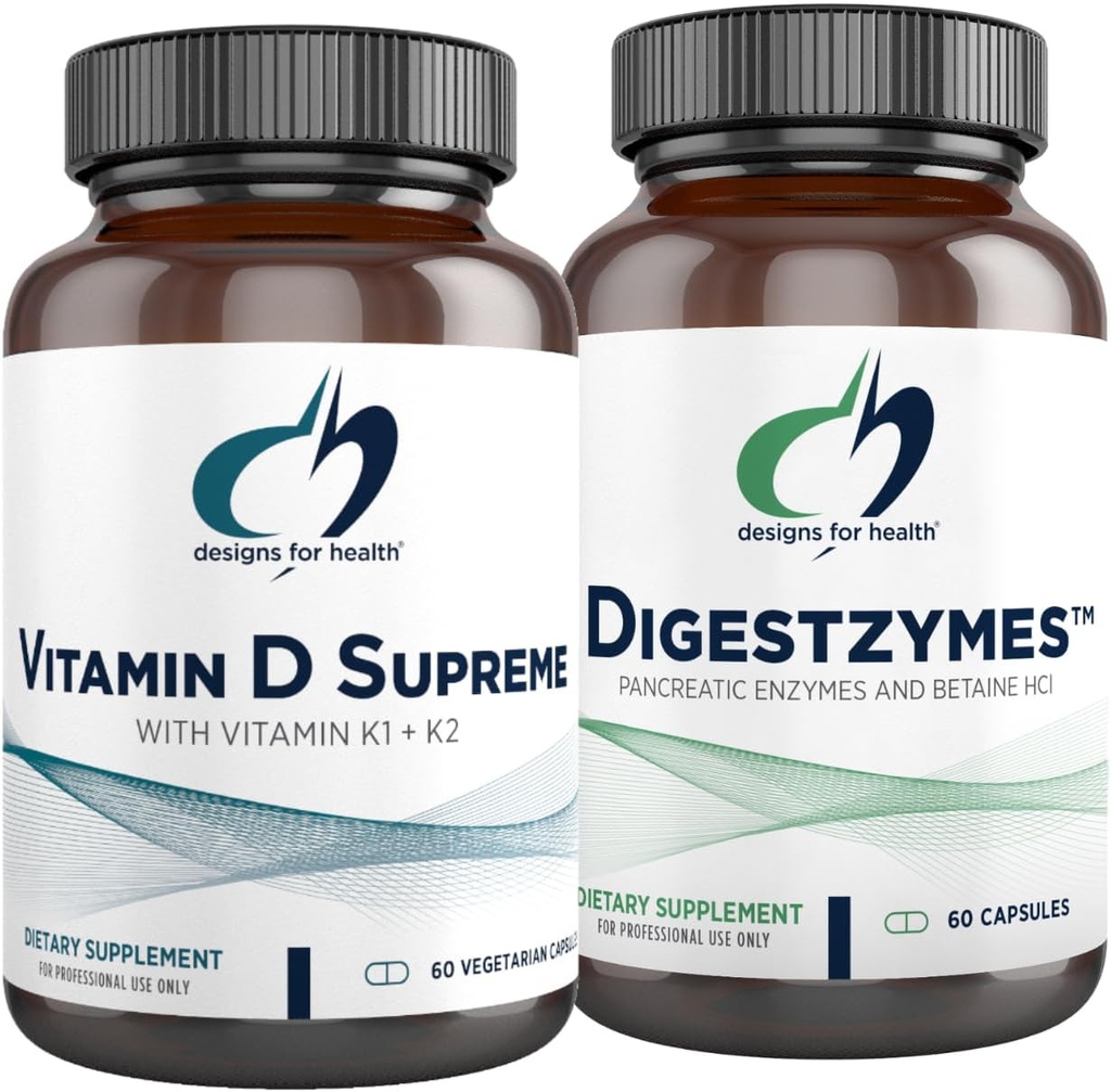건강 비타민 D Supreme + Digestzymes 소화 효소 번들을 위한 디자인 - 2000mcg 비타민 + 소화 지원 효소를 가진 비타민 D3 5000 IU Betaine HCl - 2 제품