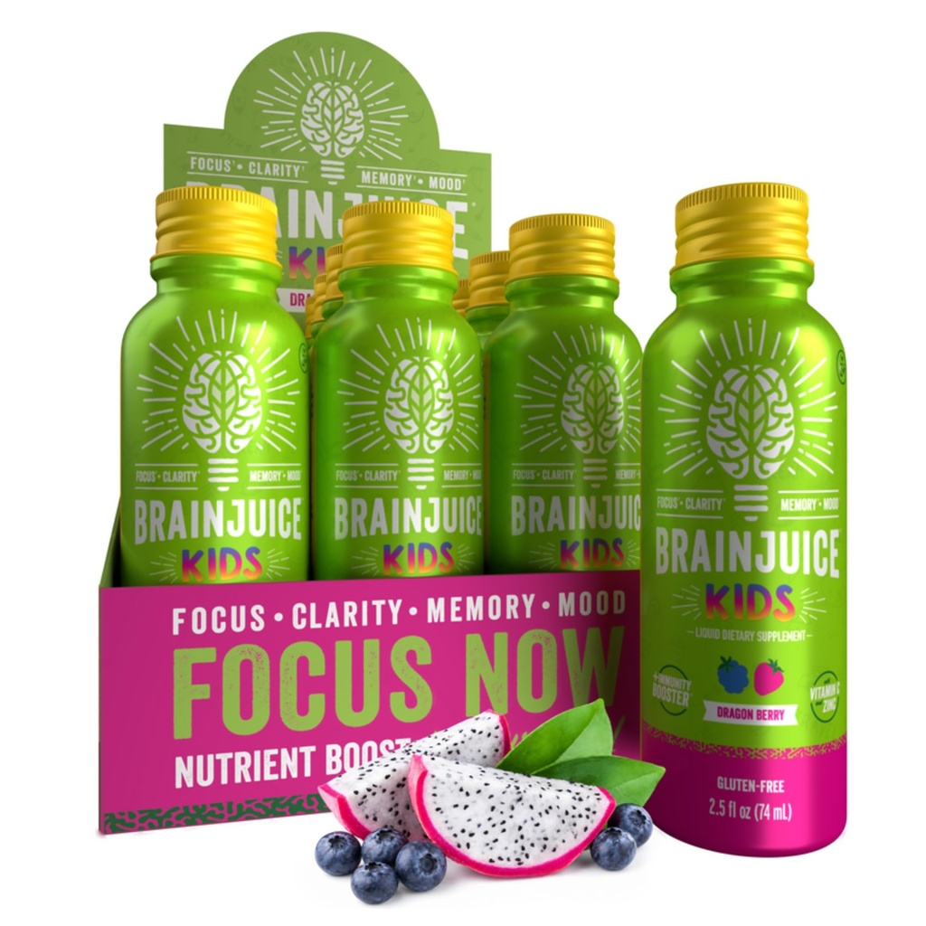 BrainJuice Kids Brain & Immune Support Shot, Gluten Free Supplement Shot for Energy, Focus, 비타민 D, C, B, 알파 GPC 및 유기 생강 뿌리, 5 +, 드래곤 베리, 2.5 fl oz, 12 팩