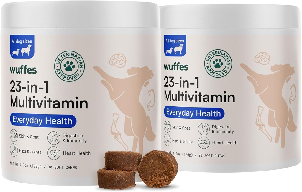 Wuffes 23-in-1 Chewable Dog Multivitamin&Supplements 번들 - Small&Large Breed를 위한 개 Multivitamin - 2 팩 - 60 조사