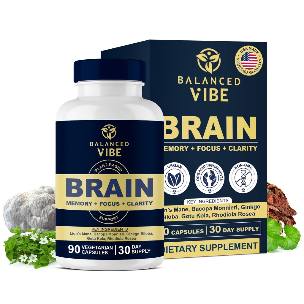 밸런스 바이브 뇌 포뮬러 | 유기 플랜트 기반 Nootropic for Focus, Clarity & Memory | 유기농 라이온스 Mane, Ginkgo, Bacopa, Rhodiola, Gotu Kola | Vegan 캡슐 | 30일 공급