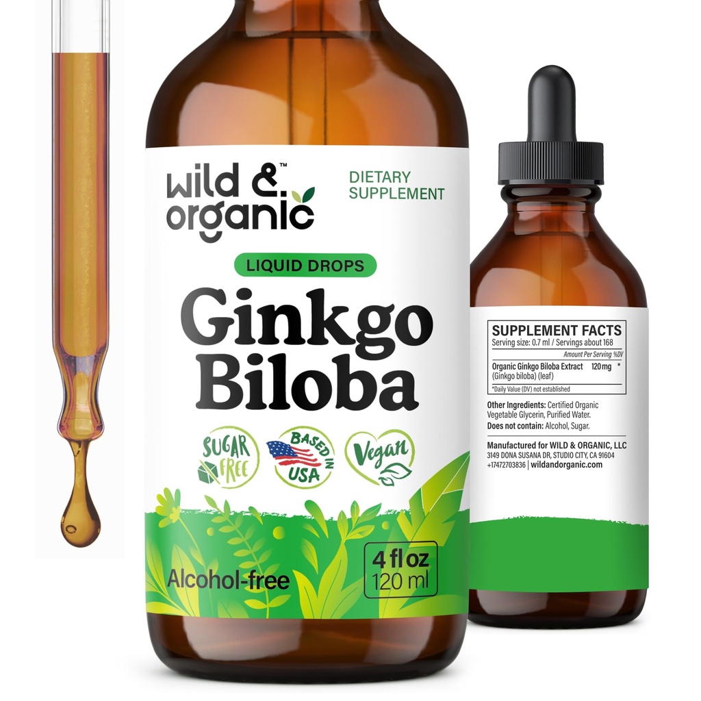 야생 & 유기 Ginkgo Biloba 추출물 드롭 - 두뇌 및 초점 지원 - 액체 Ginkgo Biloba 보충제 - Vegan, Sugar & Alcohol-Free 초본 Tincture - 4 fl oz