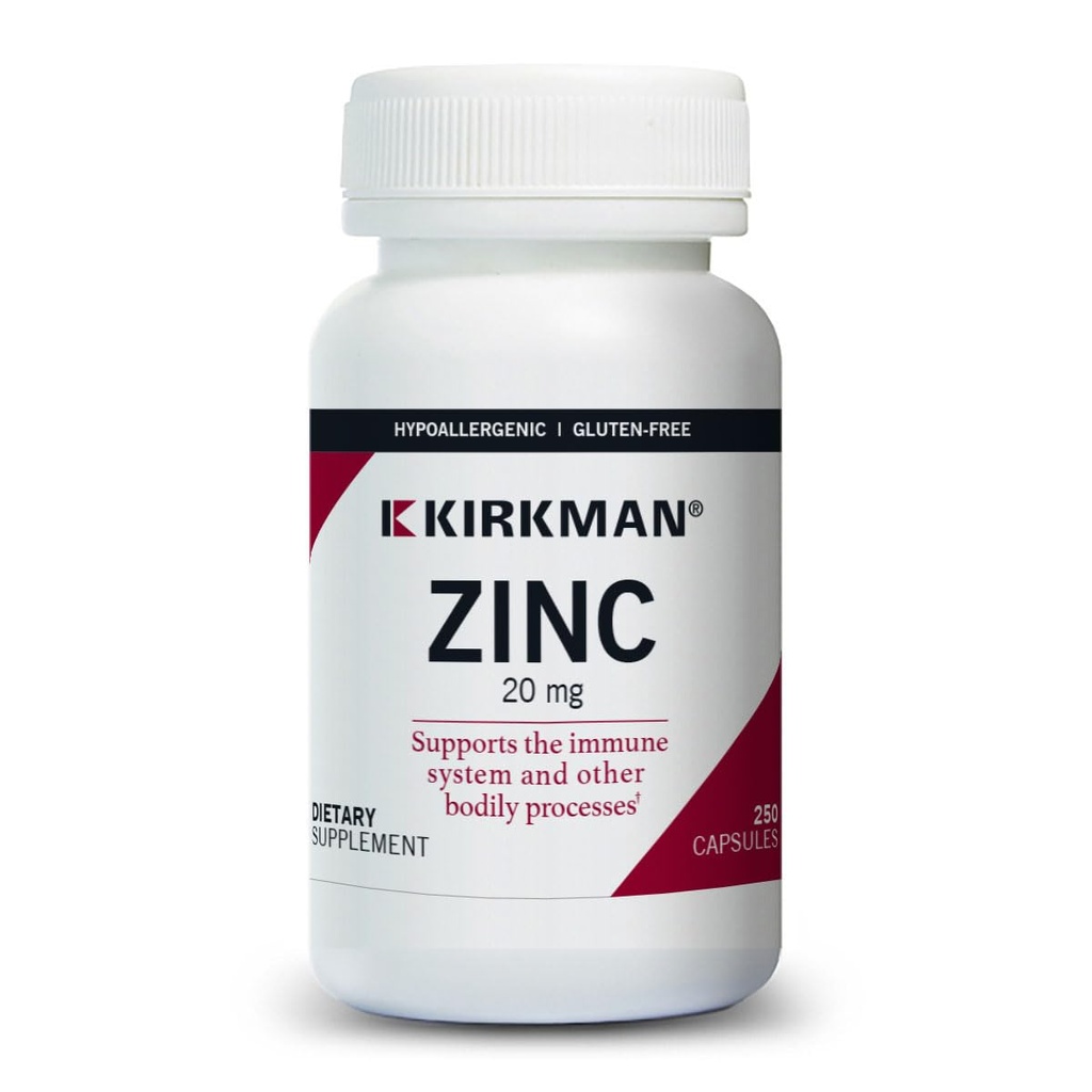 Kirkman - 아연 20mg - 250 캡슐 - 면역 지원 - 높은 흡수 - Hypoallergenic