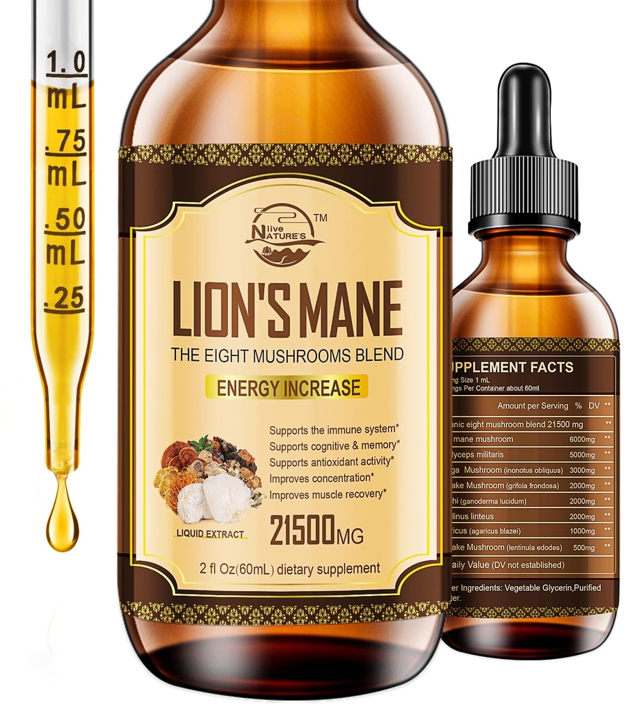 Lions Mane Supplement, 액체 버섯 추출물 드롭, 8 Mushrooms Complex for Cognitive Support and Immunity Boost, 최대 2 개월 공급, Mushroom Supplement with Lion's Mane, Cordyceps, Reishi