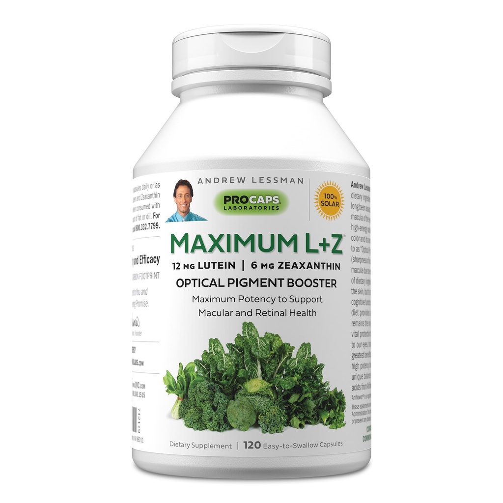 ANDREW LESSMAN 최대 L+Z 120 Softgels - 12mg Lutein, 6mg Zeaxanthin, 아이와 뇌 건강을 지원하는 중요한 영양소, 건강한 시각을 승진시킵니다. 첨가물 없음. 쉽게 삼키기 Softgels