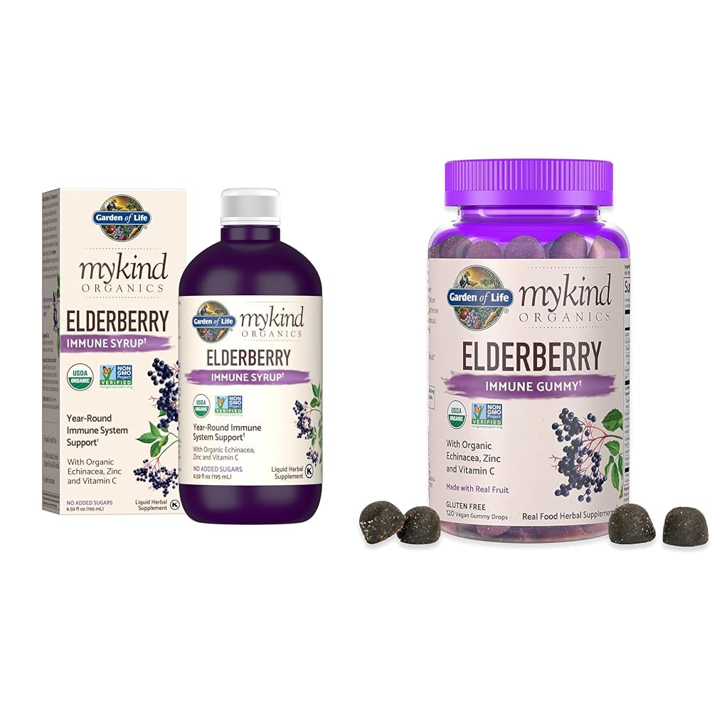 생명 유기 식물 기반 Elderberry Immune Syrup 6.59 fl oz & Organics Elderberry Gummies