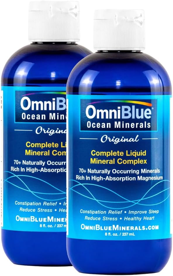 OmniBlue Ocean Minerals - 70 + Trace Minerals & Liquid Magnesium - 칼륨, 염화물 - 낮은 나트륨 - 수면, 소화, 정기적 인, 하이드로 션 및 전자 균형을위한 자연 지원 (2-Pack 8oz)