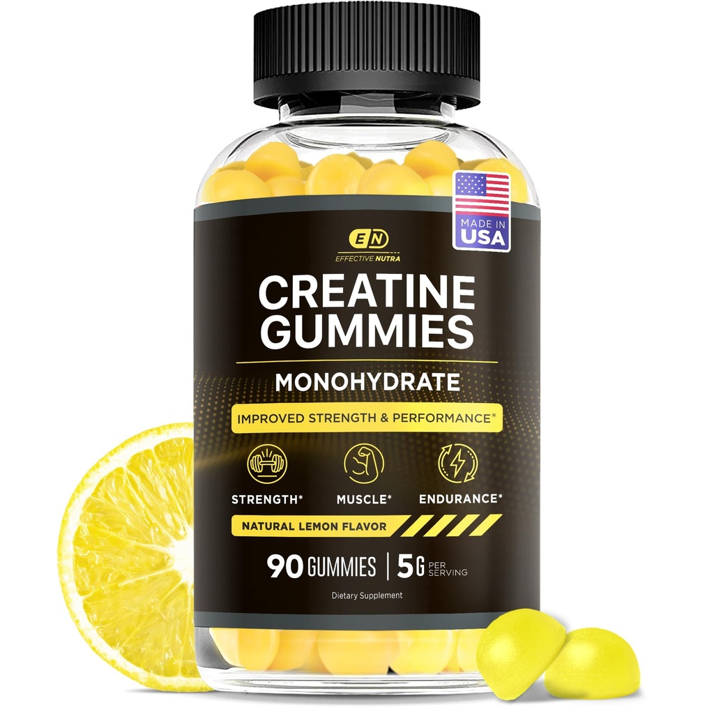 효과적인 Nutra Creatine Monohydrate Gummies - Gummy 당 1g Creatine - 남자 & 여자를 위한 Vegan 근육 & 힘 보충교재 - 근육 성장, 에너지, 내구시간을 지원합니다 - 미국 (90ct)에서 만드는 레몬 풍미