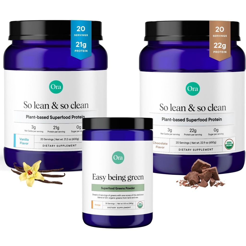 Ora Organic Vegan Protein Powder Chocolate, Vanila & Greens Powder Bundle : 22g Plant 기반, 초콜릿, 20 서빙 + 21g Plant 기반, 바닐라, 20 서빙 + 유기농 슈퍼 그린 음료, 30 서빙