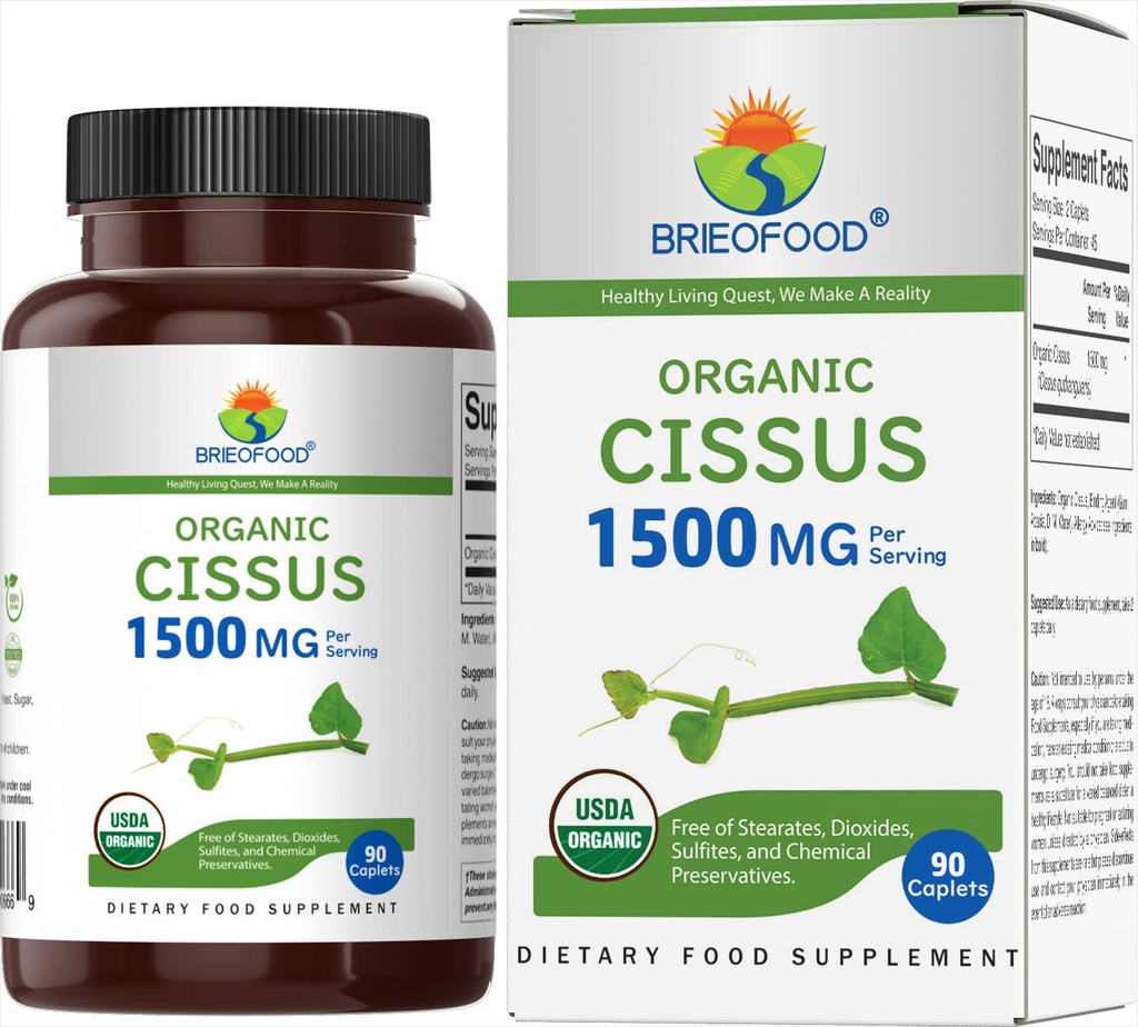 Brieofood 유기 Cissus Quadrangularis 1500mg의 45의 서빙, 채식주의자, 글루텐, 90의 채식 정제
