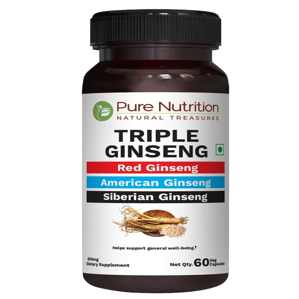 Pure Nutrition Triple Ginseng - Red Ginseng, American Ginseng 및 Siberian Ginseng의 독특하고 효과적인 조합. 캡슐 당 790mg | 60 Veg 모자 팩