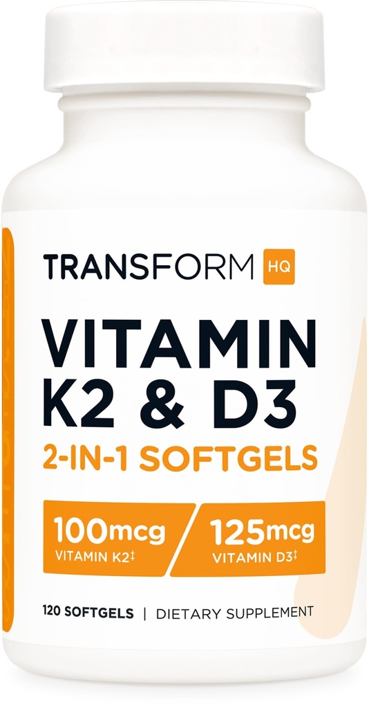 TransformHQ 비타민 K2 (MK7) (100mcg) + 비타민 D3 (5000 IU) 120 Softgels - 글루텐 무료 및 비 GMO