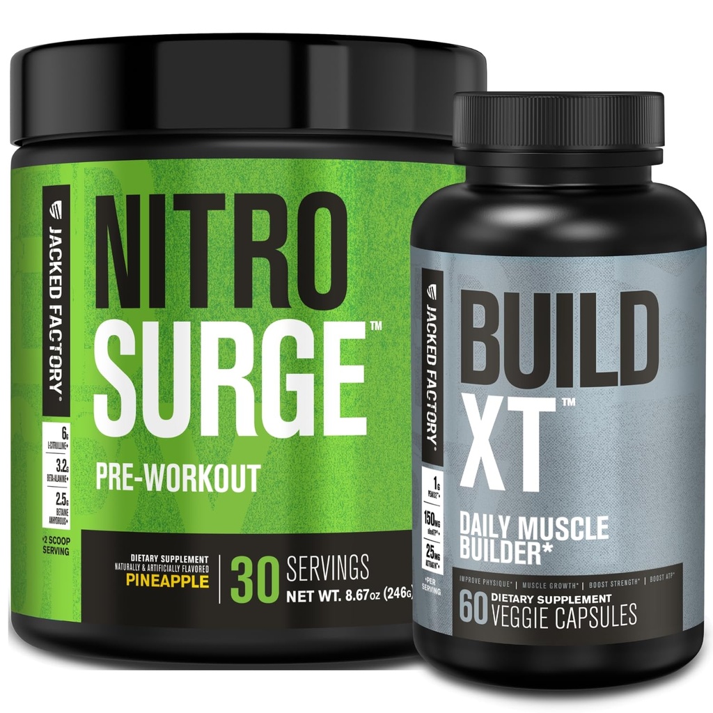 Jacked Factory Nitrosurge Pre-Workout in Pineapple & Build XT Muscle Building 남성 및 여성을위한 번들