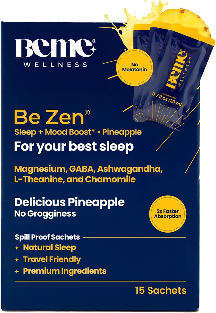 BeMe BeZen 수면 보조 보충교재 Melatonin 없이 자연적인 - 알약 보다는 2X 흡수 - 마그네슘, Ashwagandha, Chamomile, L-Theanine & GABA를 가진 성인을 위한 잠 원조 - Delicious 파인애플
