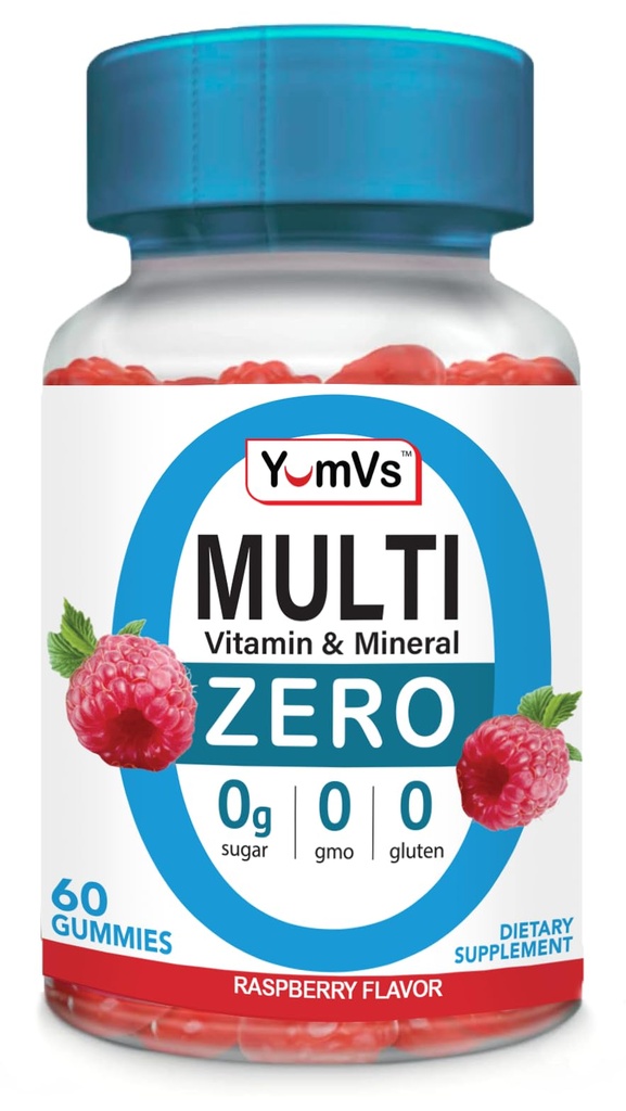 YUM-V'S Multivitamin Zero Gummies by YumVs | 여성 및 남성용 설탕 무료 비타민 보충 | Chromium, Thiamine 및 마그네슘 | 천연 라즈베리 맛 체블 - 60 개