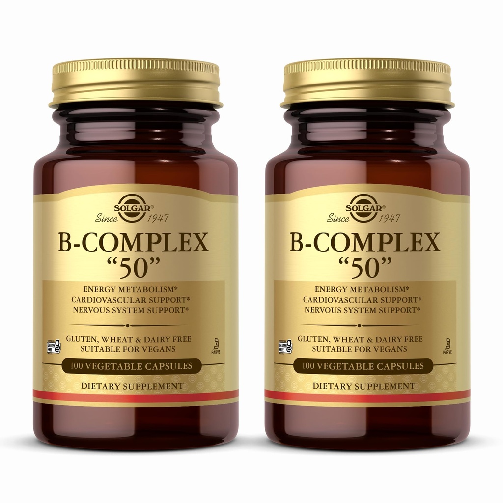 Solgar B-Complex “50” - 100 식물성 캡슐, 2 팩 - 에너지 대사 및 신경 시스템 지원 - 비 GMO, Vegan, 글루텐 무료 - 200 총 봉사