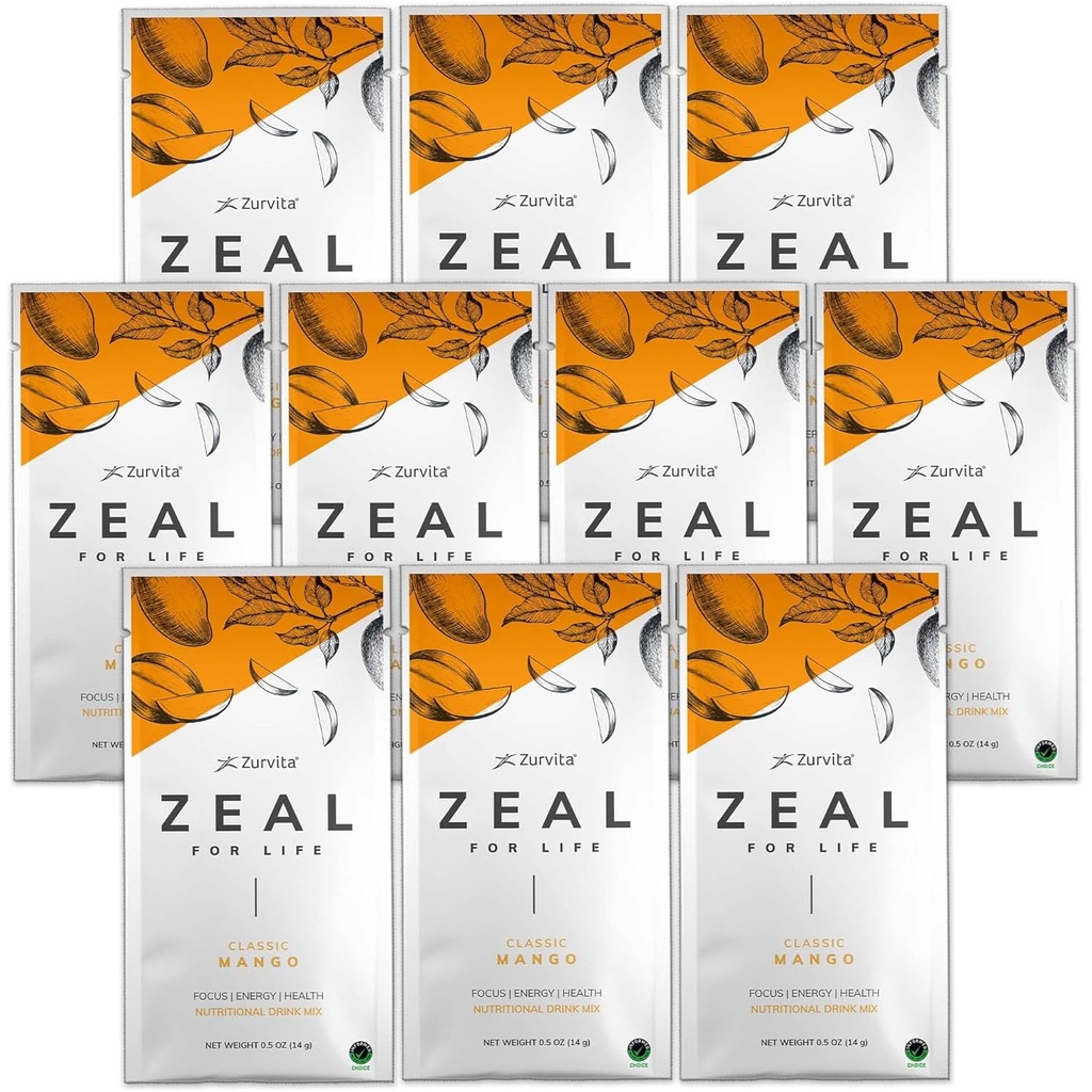 Zurvita - 라이프 웰니스 음료 믹스 용 Zeal - 고전적인 망고 맛 - Gluten-Free, Vegan, Biotin, 비타민 및 미네랄 - 10 Packets