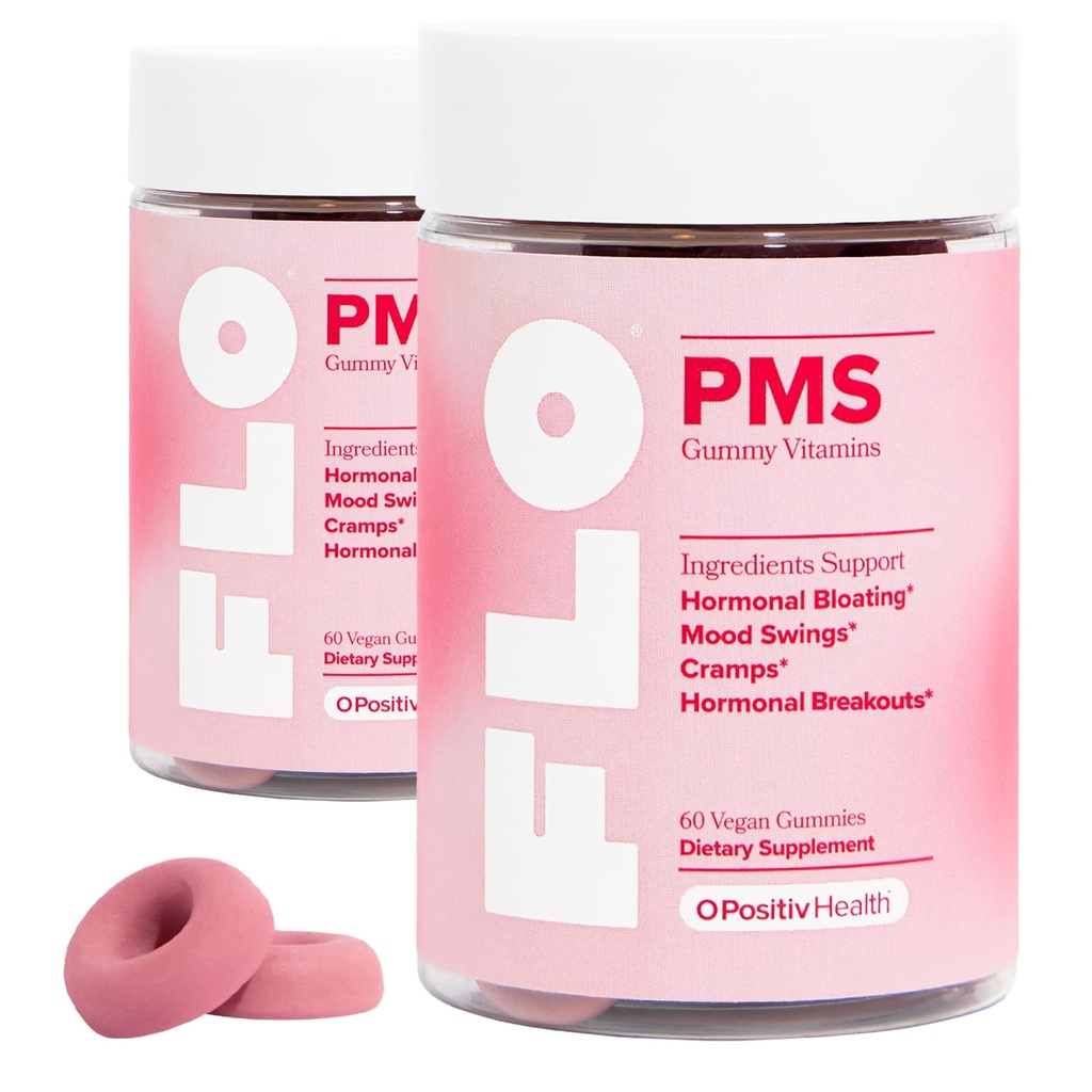 여성을위한 O Positiv FLO PMS Gummies - Proactive PMS Relief - 대상 Hormonal Breakout, Bloating, Cramps, & Chasteberry와 Mood Swings, 비타민 B6, & Lemon Balm - PMS Gummies (패키지 2)