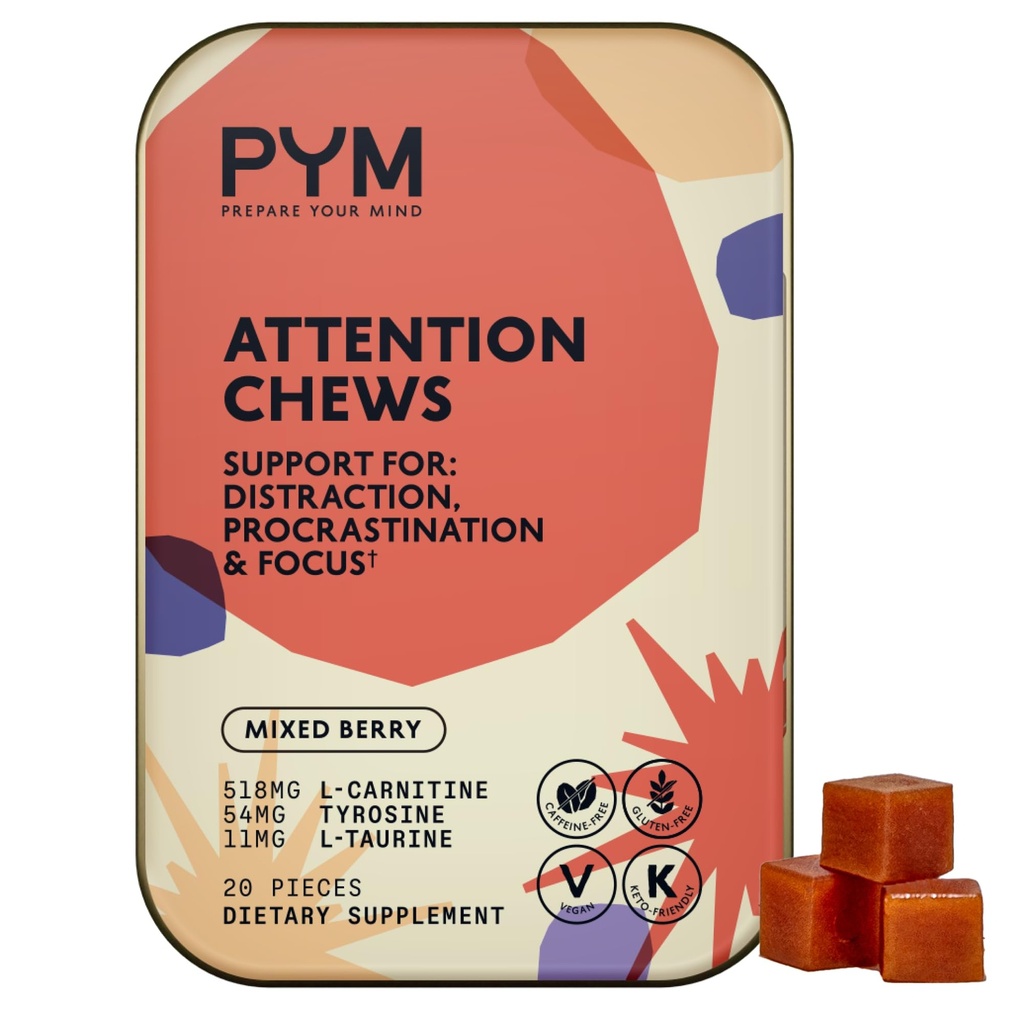 PYM 주의 Chews Procrastination, Focus & Productivity, 20 카운트 지원 | 518mg L-Carnitine, 54mg Tyrosine, 11mg L-Taurine, Caffeine-Free | 모든-Natural Mood Boost Supplement 미국에서 만든