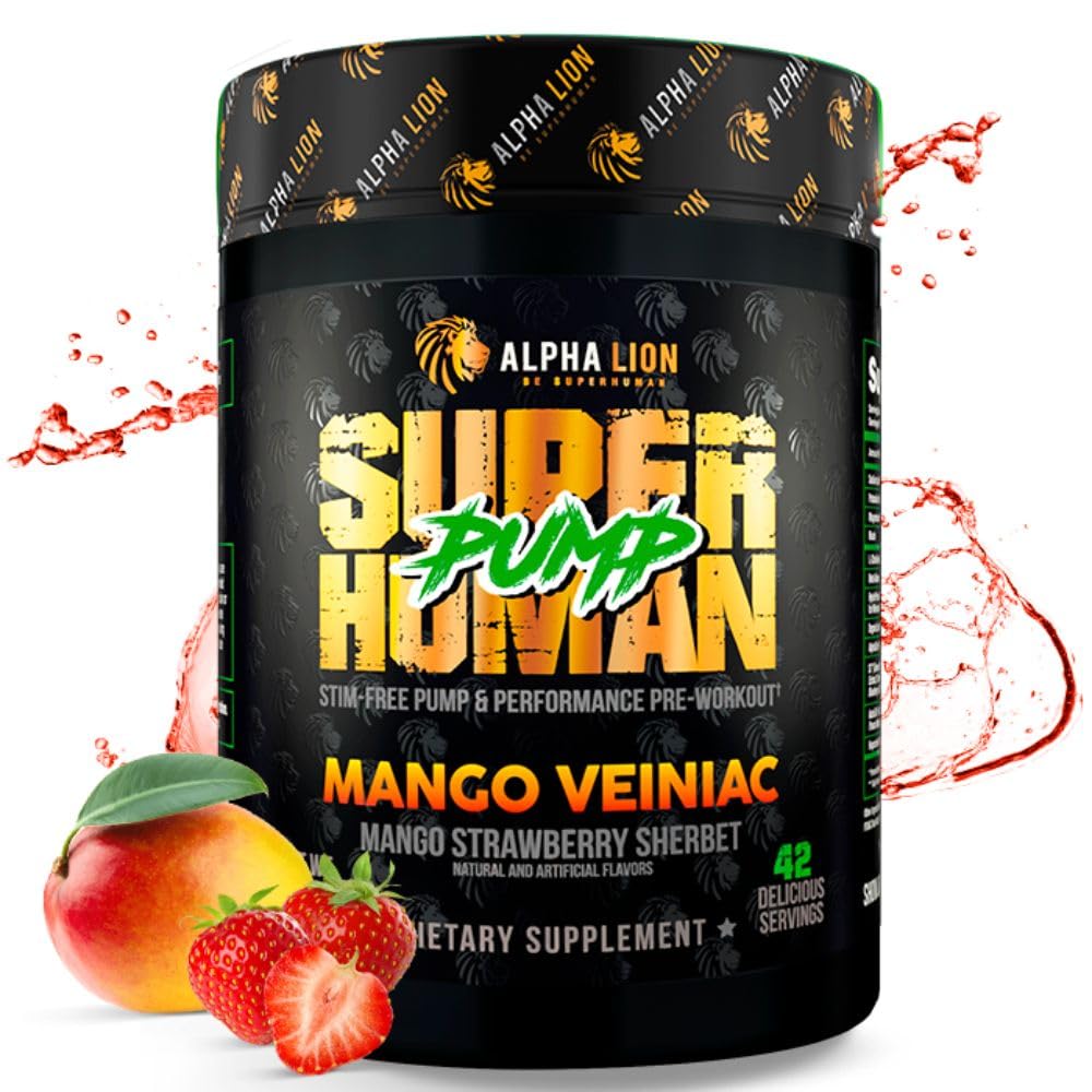 ALPHA LION Superhuman 펌프 전 운동 분말, Nootropic Caffeine & Stim 자유로운 운동 보충교재, Nitric 산화물 승압기, 근육 게인, 에너지 & 초점 (42의 서빙, 망고 Veiniac 풍미)