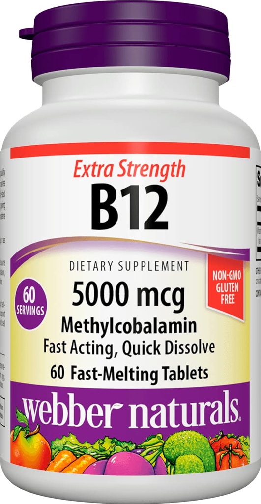 Webber Naturals 비타민 B12 5000 mcg, 60 카운트, 빠른 용해 정제, 에너지 대사, 면역 및 심장 건강, 채식 공식, 60 일 공급에 대한 비타민 보충 지원