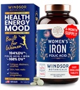 여성을위한 철 및 Folic 산 보충제 - 35mg Gentle Iron Vitamin, Folic Acid 400mcg - Anemia, Period, Pregnancy Support Supplement, Ferrous Sulfate Pills - 180 Vegan Non-Constipating Tablets