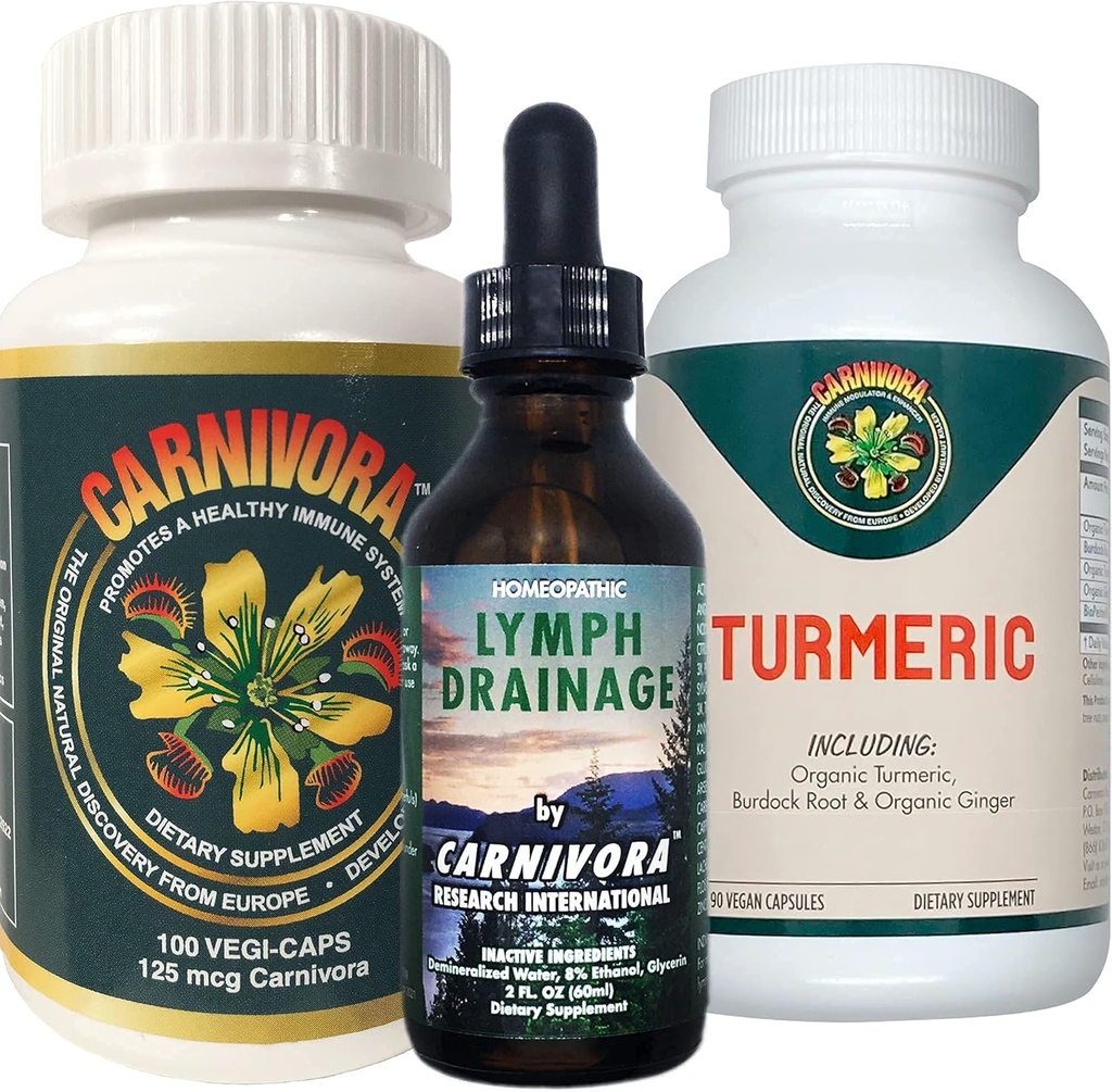 Carnivora Triple Play - Immune System Support, Lymph System Flush 및 Joint 및 Digestion에 대한 개선 (1 병 각각 Carnivora Vegi-Caps, 림프 배수 및 Turmeric)