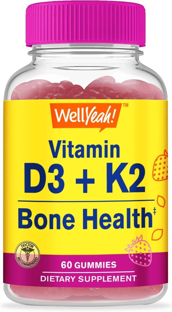 WellYeah 비타민 D3 + K2 Gummies - 비타민 D3 1000 IU, K2 100 MCG - 뼈와 근육 건강 지원, 자연 풍미, GMO 무료, 글루텐 무료, Vegan - K2 D3 비타민 보충 60 Gummies