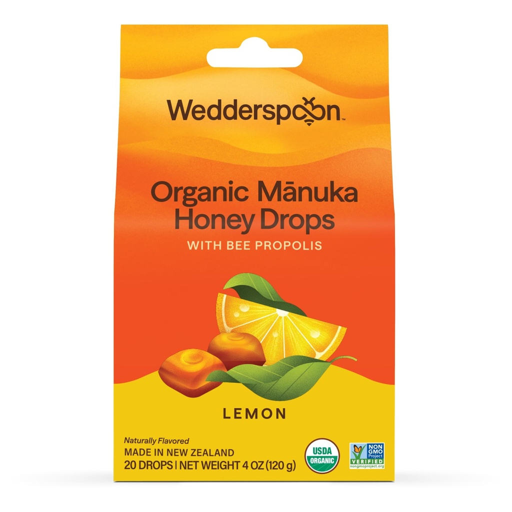 Wedderspoon Organic Manuka Honey Drops, Lemon & Bee Propolis, 20 Count (Pack of 1) | 정품 뉴질랜드 꿀 | 드라이 스노트를 위한 완벽한 Remedy