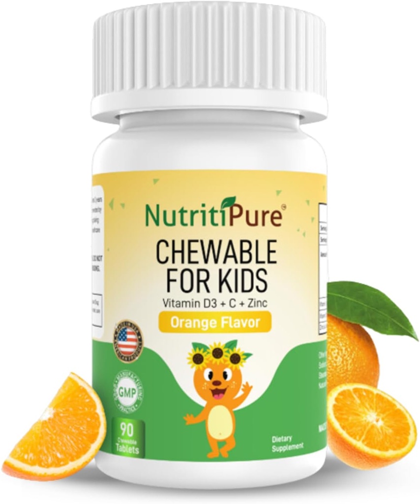 Chewable 비타민 D3 (Cholecalciferol) 25 mcg (1000 IU) + 아연 (Zinc Citrate) 5mg + 비타민 C 30mg 어린이를위한 오렌지 맛 90/Bottle (1)