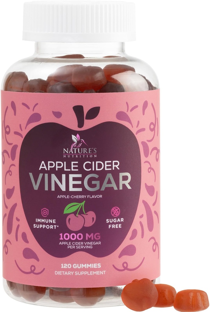 Vegan Apple Cider Vinegar Gummy 1000mg - Sugar Free ACV Gummies 비타민 보충 비타민 B12 에너지 - Keto Friendly Digestion, Detox, Cleanse Support - 젤라틴 무료, 비 GMO - 120 Gummies