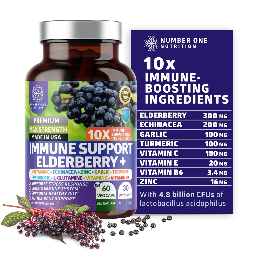 1개의 Immune 지원 보충교재 [10 유력한 성분]에 있는 프리미엄 10 Elderberry, 비타민 C, Echinacea, 아연 및 Immune 지원, Gut 건강 및 더 나은 소화, 60 Veg 모자