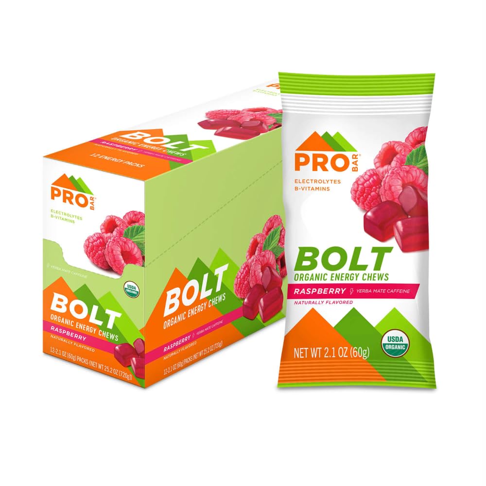 PROBAR - BOLT 유기 에너지 Chews, 라즈베리, 비 GMO, 글루텐 프리, USDA 인증 유기, 건강, 자연 에너지, 비타민 B & C (12 개)와 빠른 연료 Gummies