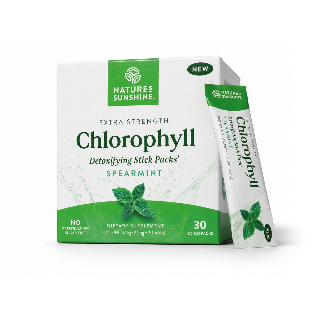 Nature's Sunshine Chlorophyll Stick Packs : Detox 및 Boost Gut Health를 편리하게 충전하고 맛있는 스틱 팩 (Spearmint)