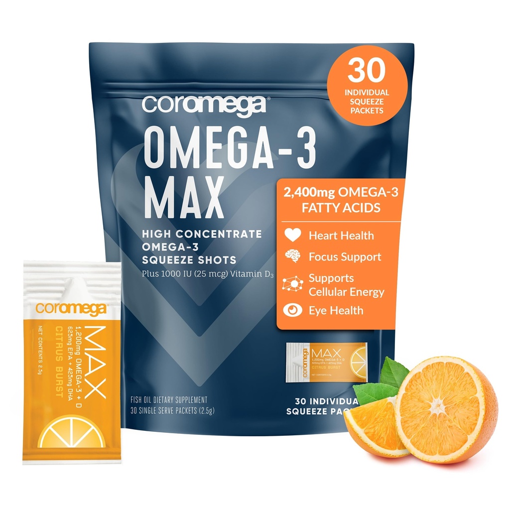 Coromega MAX 2400mg Omega-3 물고기 기름 + 비타민 D Squeeze 소포, 야생 잡음, 물고기 맛 없음 - Softgels 보다는 3X 더 나은 흡수, 지원 뇌 & 심장 건강 (30의 서빙, 감귤 류)