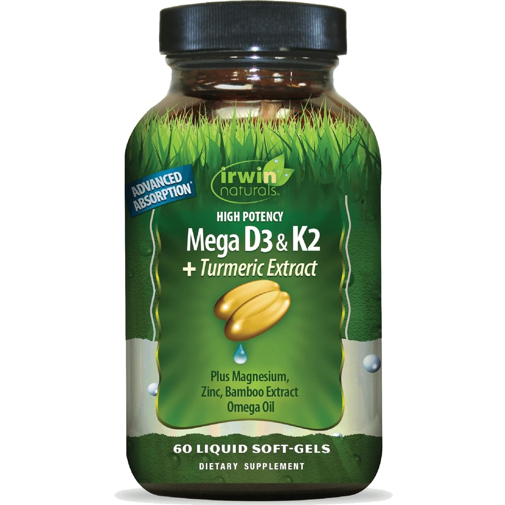 Irwin Naturals 높은 Potency Mega D3 및 K2 + Turmeric Extract - 60 액체 소프트 젤