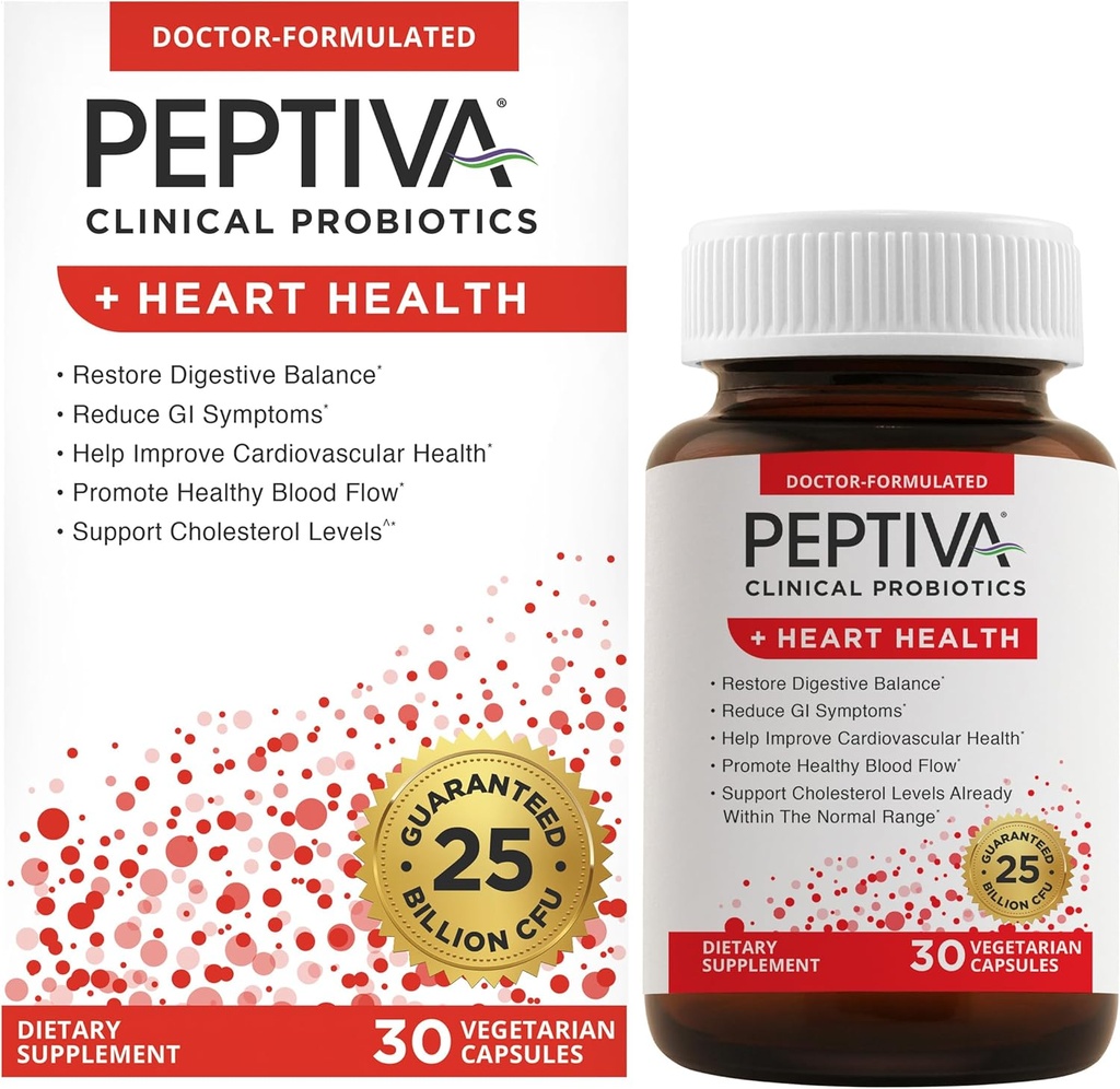 Peptiva Probiotics 심장 건강 - 심장 건강 지원 보충교재, 25 억 CFU, 다 긴장 프로바이오틱스, Lactobacillus Acidophilus, Bifidobacterium, 소화 지원 - 30 채식 캡슐