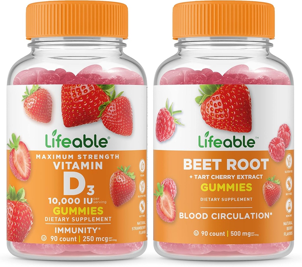 Lifeable Vitamin D 10000 IU + Beet Root, Gummies Bundle - 훌륭한 타스팅, 비타민 보충, 글루텐 무료, GMO 무료, Chewable Gummy