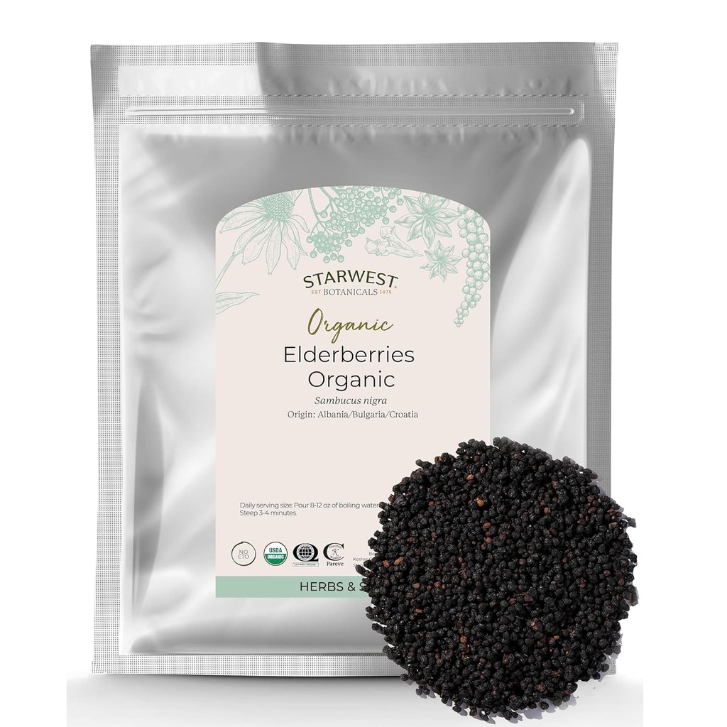 Starwest Botanicals Organic Elderberry - Syrup, Tea, Gummies, & Jam, Natural Immune 지원, 공인 Kosher, Non-GMO - 대량 1 lb 가방에 대한 건조 엘더베리