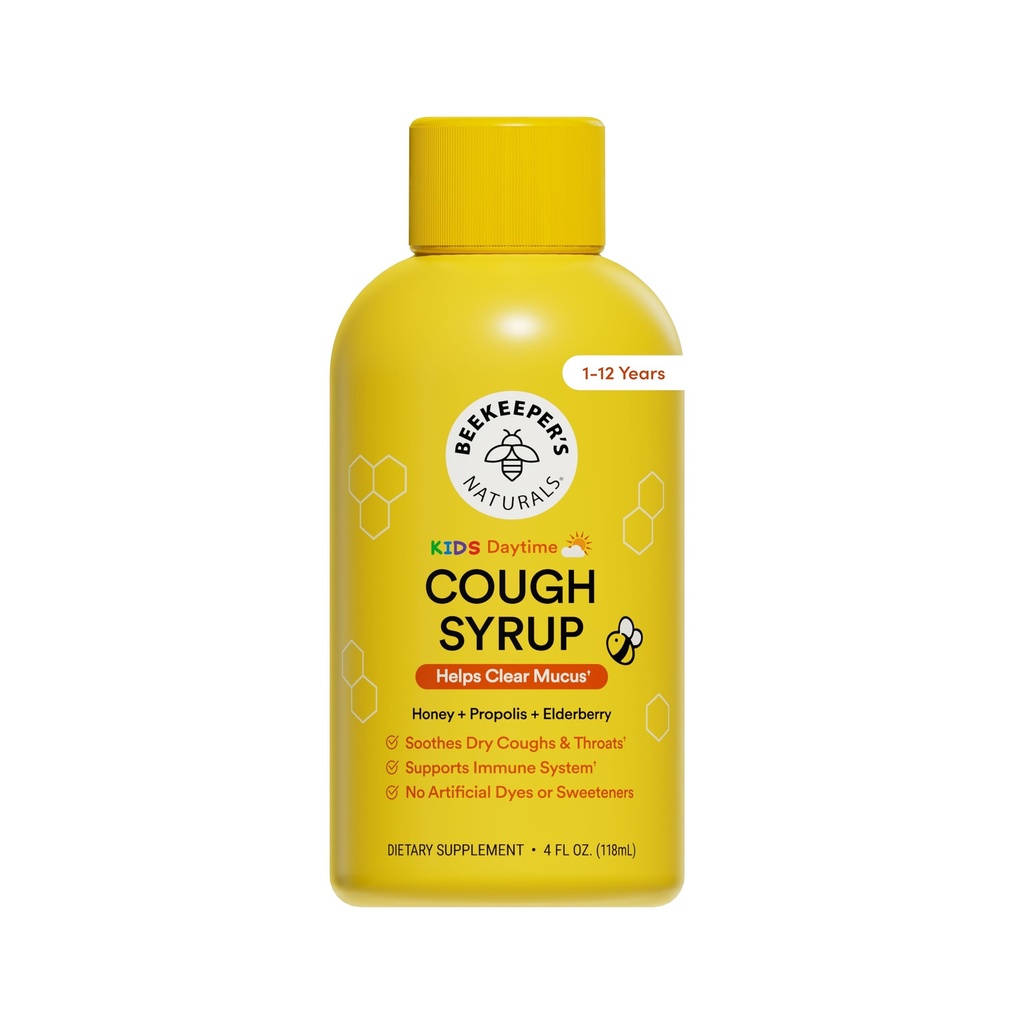 Beekeeper's Naturals Propolis Honey Cough Syrup Daytime for Kids Immune Support with Elderberry, 비타민 C, 비타민 D & Raw Honey - Throat Soothing - 글루텐 무료 및 깨끗한 재료, 4 oz.