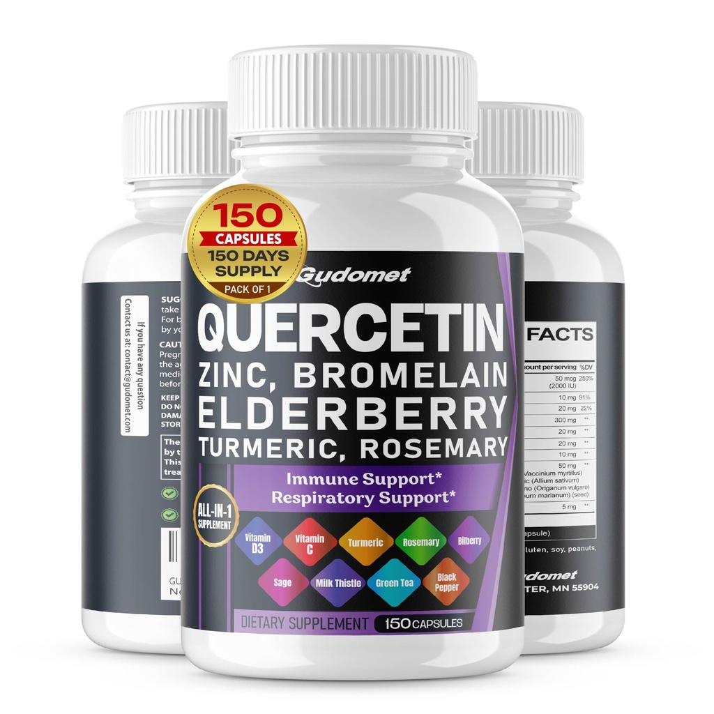 Quercetin Bromelain 아연 비타민 D3 Elderberry 심황 로즈메리 Bilberry Sage 무취 마늘 녹차 우유 이틀 Oregano -150 캡슐 - 미국에서 만든
