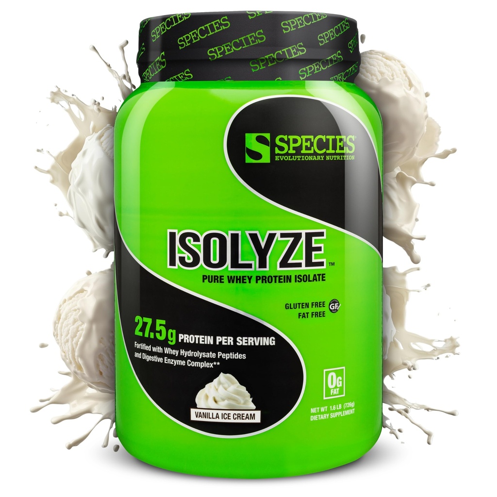 Species 영양 Isolyze Whey Protein Powder, 100 % Whey Isolate 근육 건물, 27.5g Protein Per Scoop, No Sugar & Low Fat (Vanilla Ice Cream, 22 서빙)