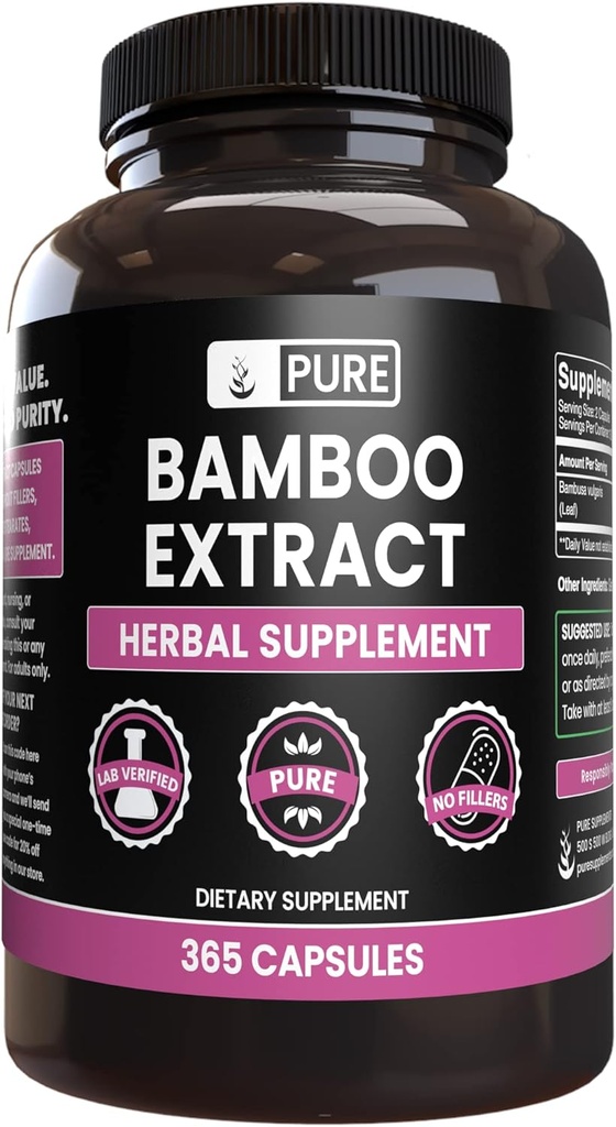 PURE ORIGINAL INGREDIENTS 대나무 추출물 (365 캡슐) 마그네슘 또는 쌀 필러 없음, 항상 순수, 실험실 검증