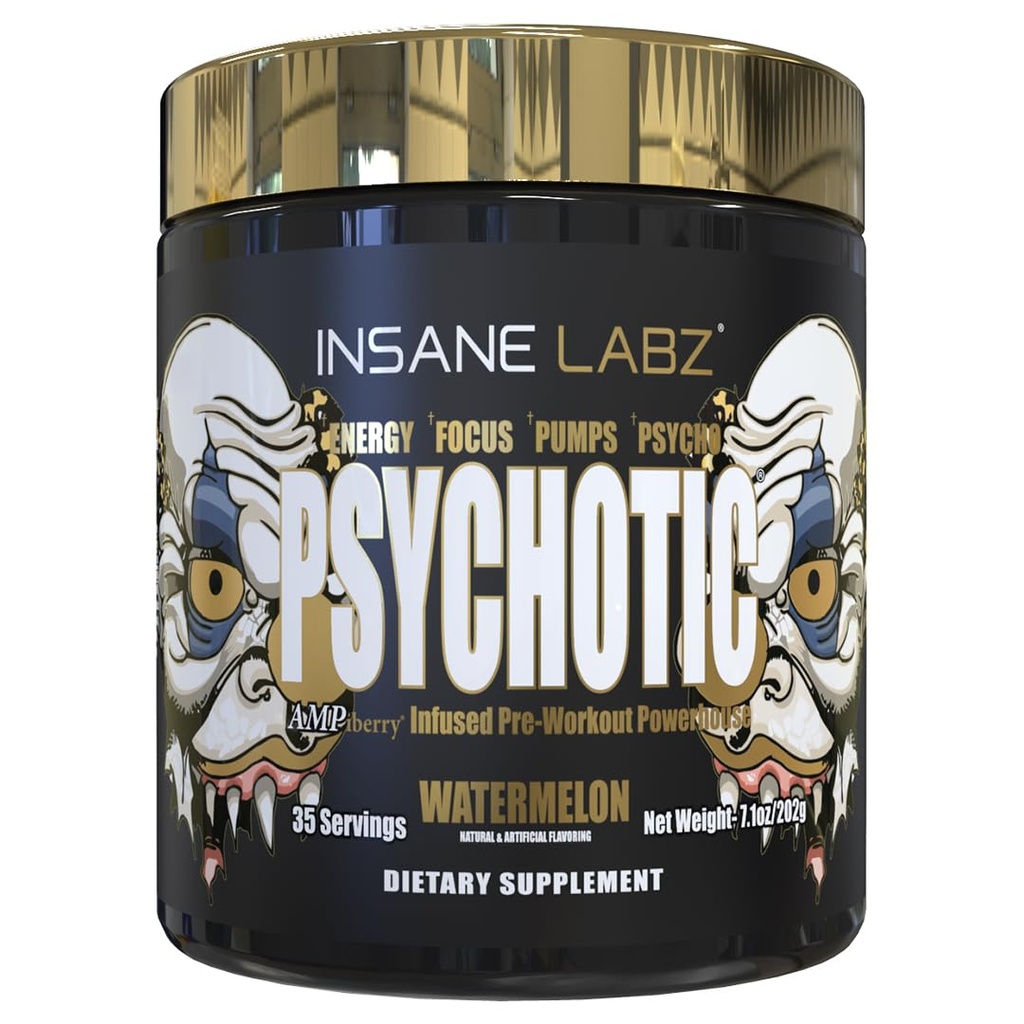 Insane Labz Psychotic Gold, 높은 Stimulant Pre Workout Powder, Extreme Lasting Energy Focus, Beta Alanine, DMAE Bitartrate, NO Booster (35 서빙, 수박)와 펌프 및 내구시간