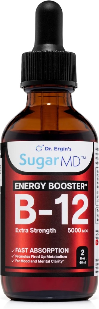 SugarMD 비타민 B12 5000 mcg 액체 낙하물 – 여성과 남성을 위한 2개의 fl oz (60ml) 에너지 낙하물 – 최대 흡수 공식을 가진 비 GMO & 글루텐 자유로운 액체 B12 하락