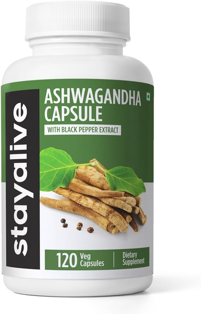 검은 후추와 STAY ALIVE Ashwagandha, 10 : 1 추출물, 120 알약, 100 % 순수한 뿌리 분말, 여분의 힘 캡슐, 비 GMO & 글루텐 무료 Ashwagandha 여성과 남성을위한 보충 교재