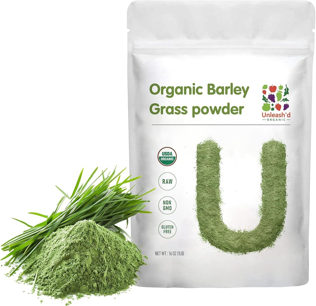 UNLEASH'D ORGANIC Barley 잔디 분말 1 파운드 100 % 순수 & 유기, 비타민, 미네랄, 섬유 및 산화 방지제에 풍부한 슈퍼 푸드 그린