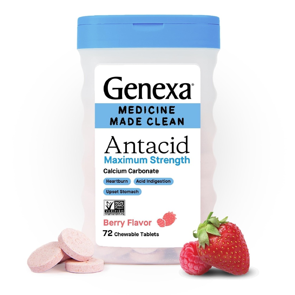 Genexa 3 Pack Clean Antacid Chewable Tablet | 심장박동을 위한 최대 힘 칼슘 탄산염, 산 Indigestion & Upset Stomach Relief | 염료 무료, 0% 인공 첨가물 | 베리 맛, 216ct