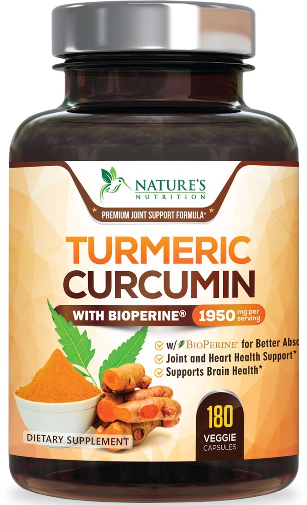 Turmeric Curcumin 보충교재 1950mg - 제일 흡수를 위한 유기 심황 & BioPerine 까만 고추 추출물을 가진 95% Curcuminoids, 성격 Vegan 합동 지원, 미국에서 병에 넣어지는 비 GMO - 180의 캡슐