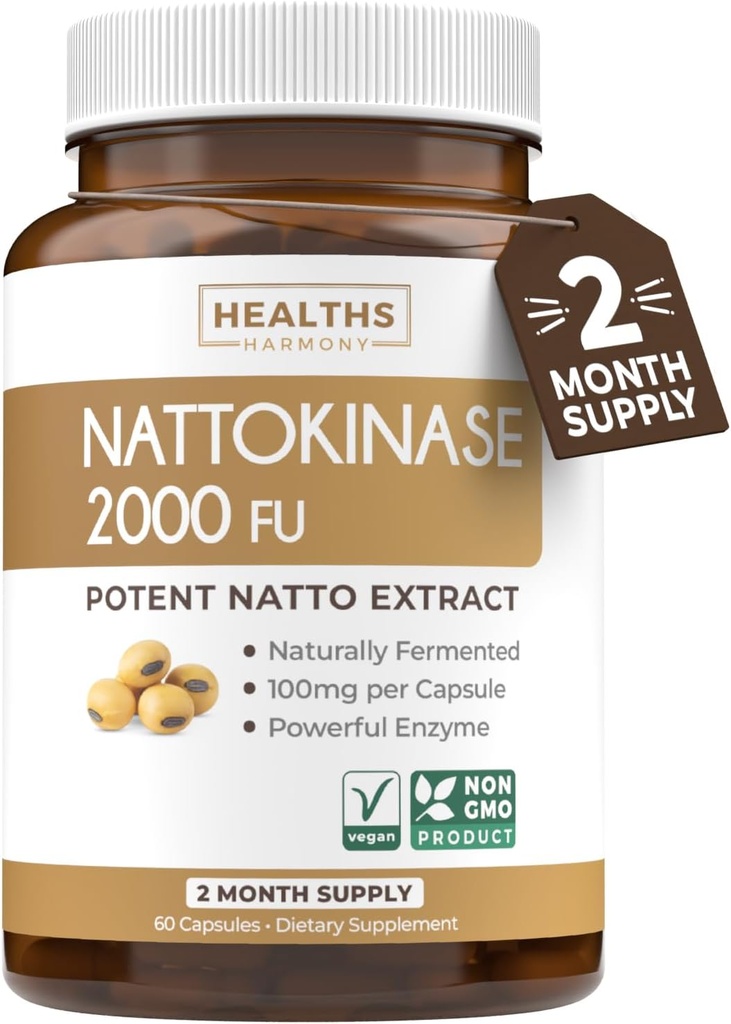 건강 하모니 Nattokinase 2000 FU (Non-GMO) 강력한 Nattokinase 보충 자연적으로 발효 된 Soybeans에서 만든 - (2 개월 공급) 60 Vegan Natto 캡슐