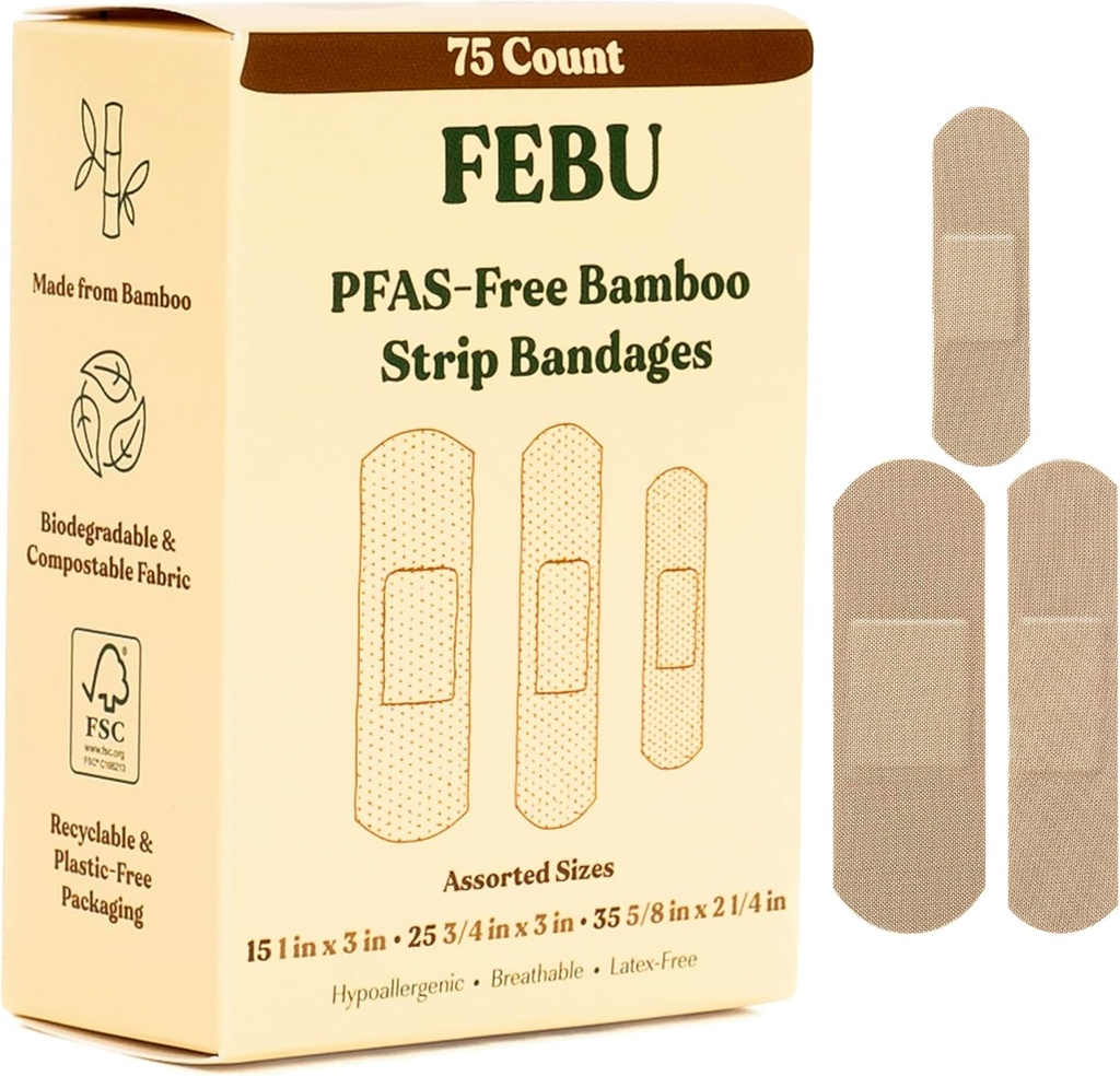 FEBU Eco-Friendly Bamboo Fabric Bandages | PFAS Free Flexible Fabric Bandages | 스크랩, 컷 및 응급 처치를위한 천연 Hypoallergenic Bandage | 완전 부스트 가능, 라텍스 무료 Bandage | 75 Count Strip